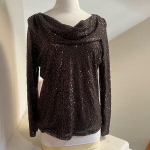 Lynn Ritchie Womens ‎ Brown Sequince Long Sleeves  Cowl Neck Top Blouse Large